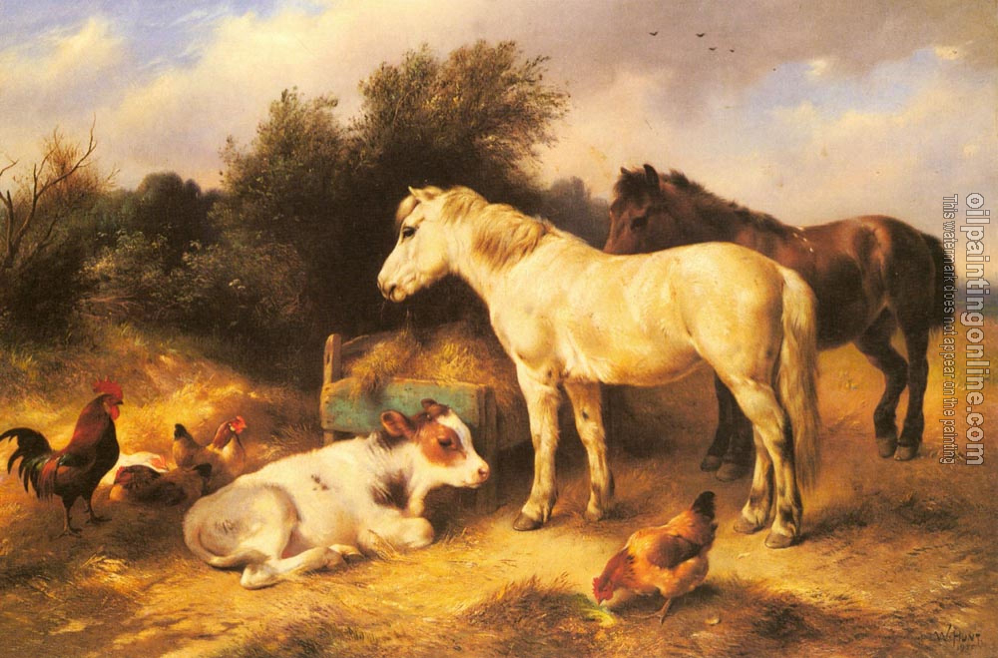 Hunt, Walter - Ponies, A Calf and Poultry In a Farmyard